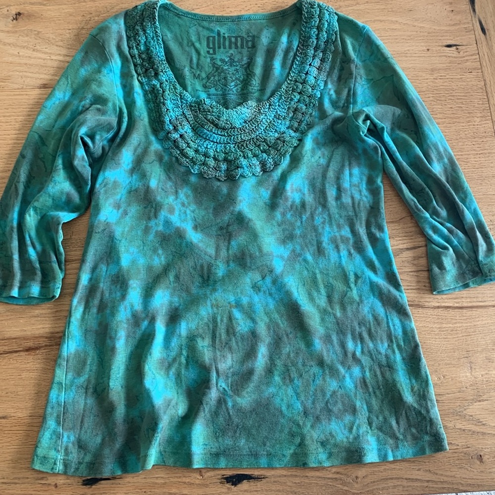 Glima Tye Dye 3/4 Sleeve Crochet Tee Shirt Blue Green Women’s‎ Medium Preloved